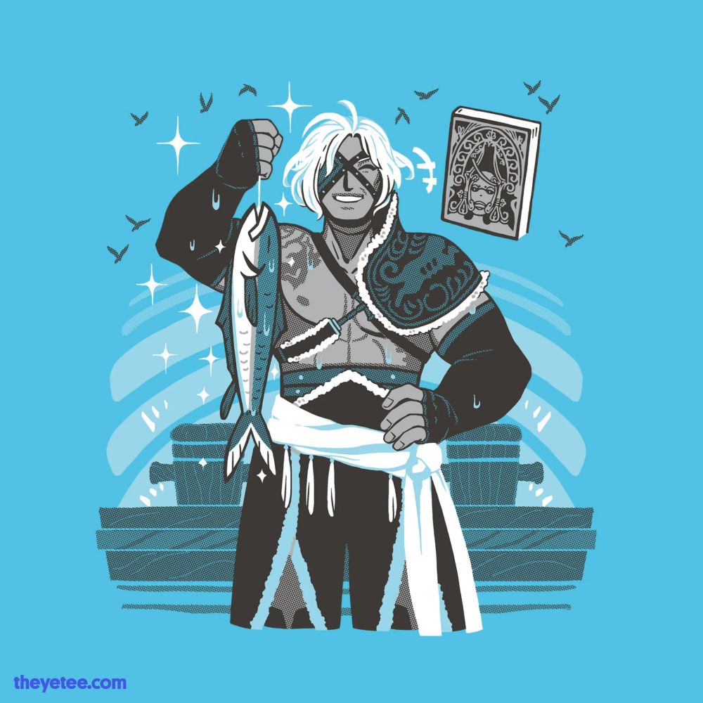 Papa Nier from Nier, smiling and holding up a fish. Weiss is also here.