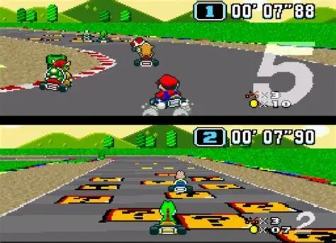 A gameplay still from Super Nintendo Entertainment System's "Super Mario Kart" (1992)
