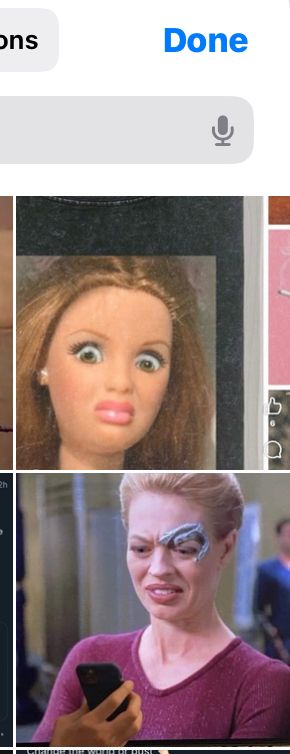 a Barbie and seven of nine from Star Trek making disgusted faces 