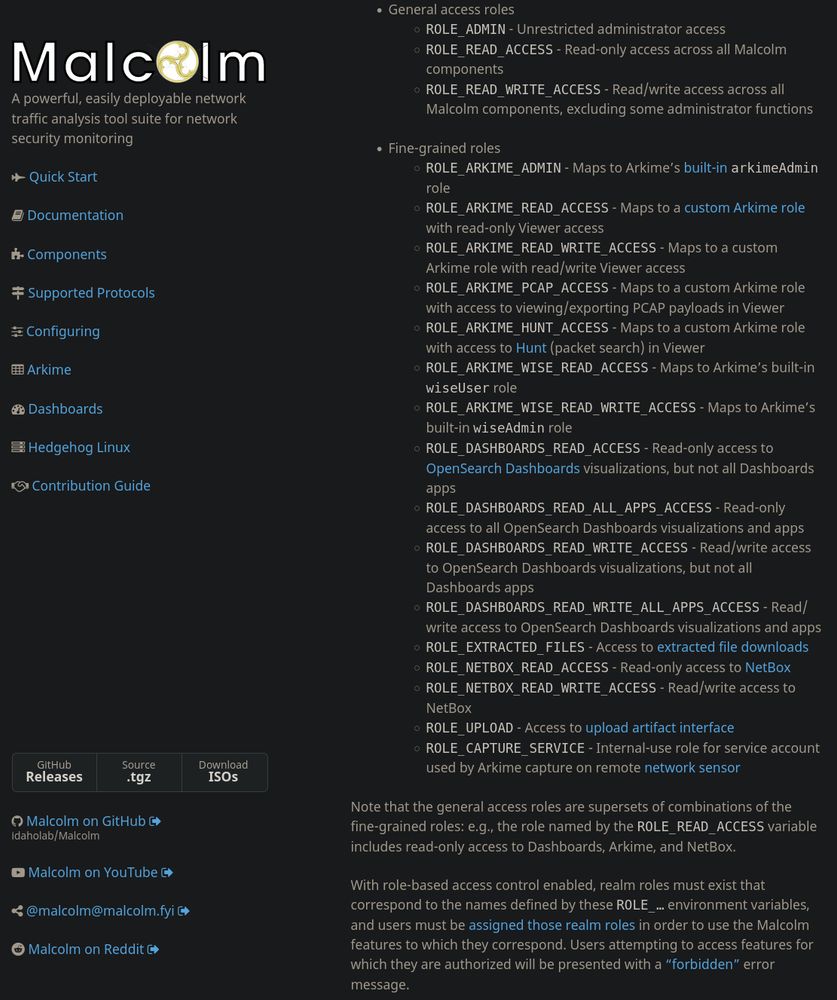 A screenshot of the Malcolm documentation for the role-based access control feature, found at https://malcolm.fyi/docs/authsetup.html#AuthKeycloakRBAC
