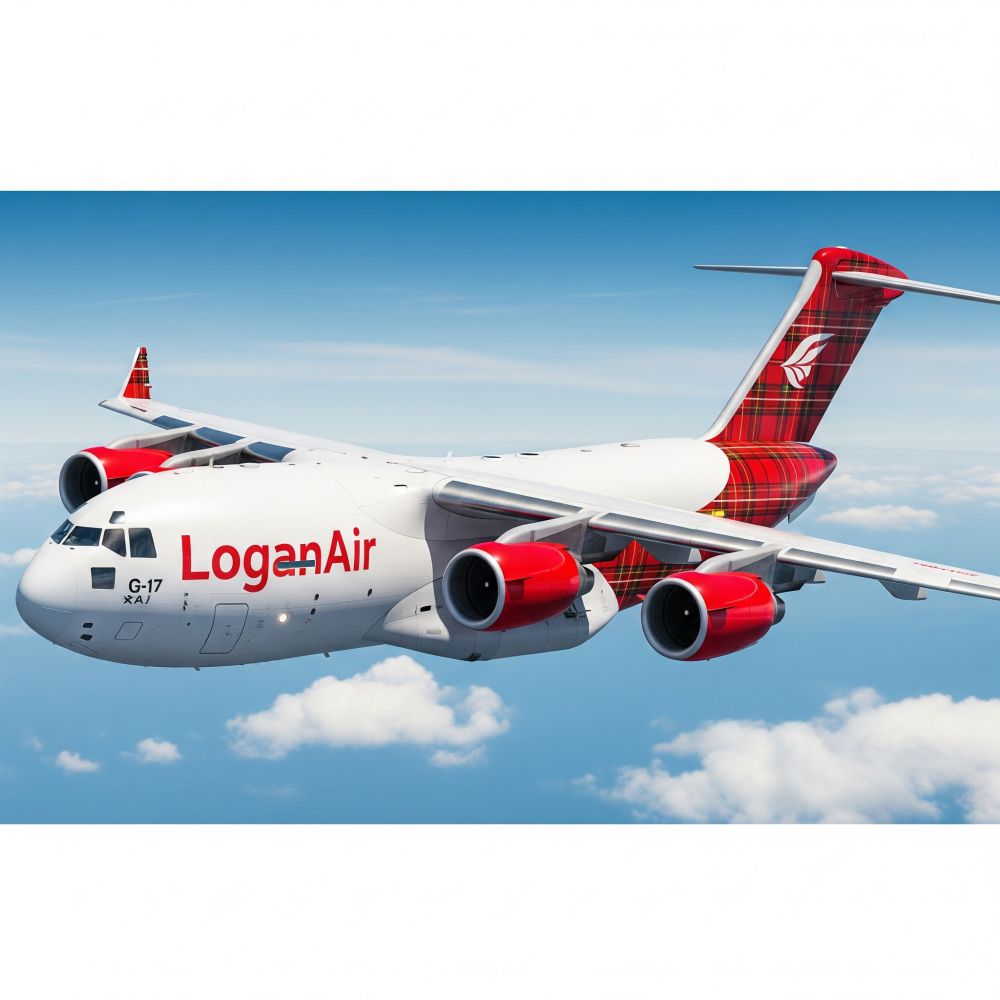 A Gemini generated image of a Boeing C-17 given what the AI thinks is the LoganAir livery. It's close with red engine cowlings and a red tartan tail. 