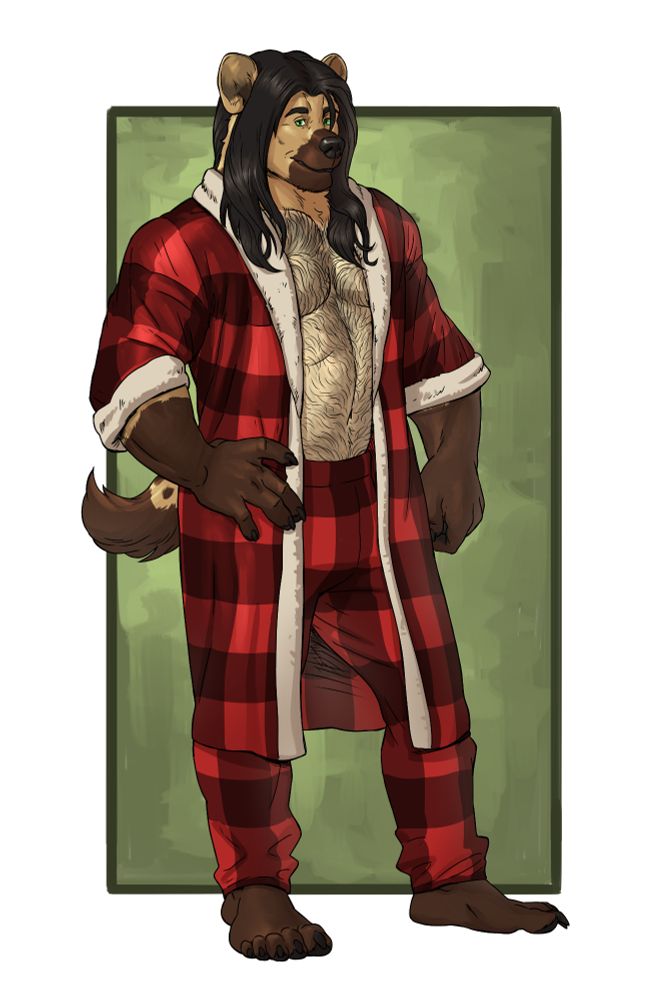 A male hyena dressed in a cozy red buffalo plaid robe and matching pajama pants