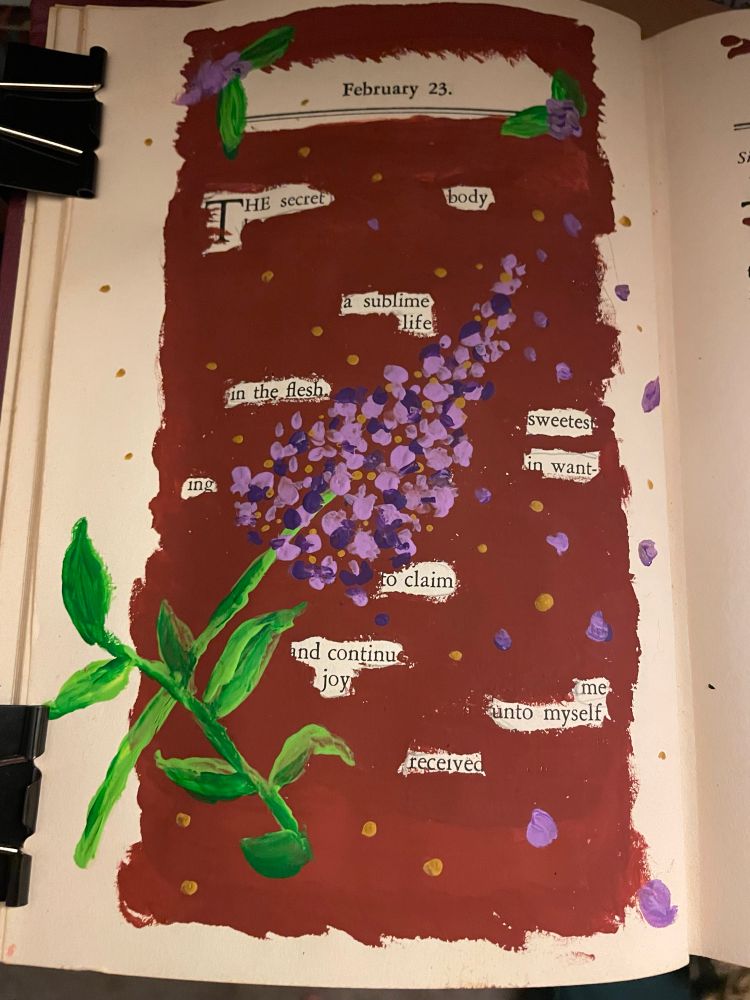 Blackout poem in an old book painting gouache florals