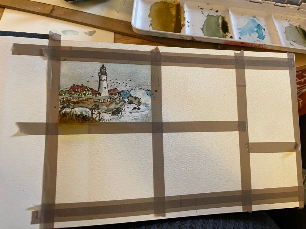 Mini watercolor painting of lighthouse
