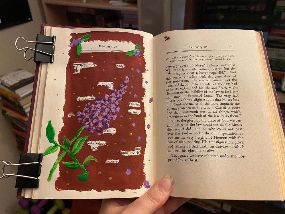 Blackout poem in an old book painting gouache florals