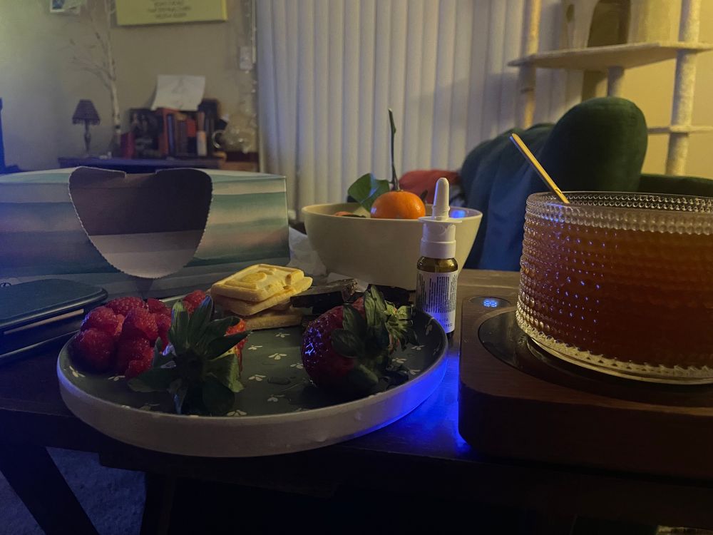 photo of fruit plate, hot tea, tissues, and sinus medicine 