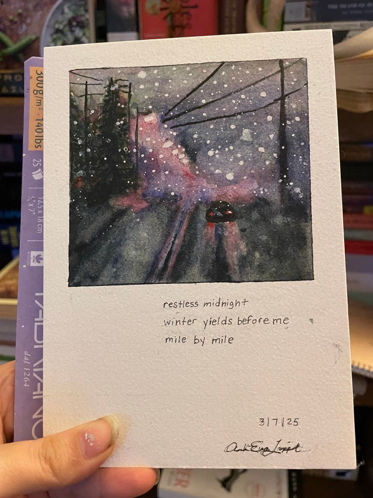 watercolor painting of car driving on a dark snowy road 