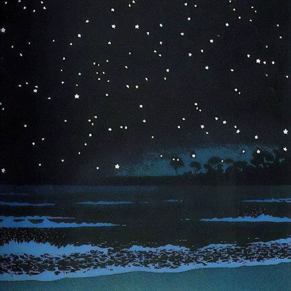 Artwork depicting an island shoreline at night 