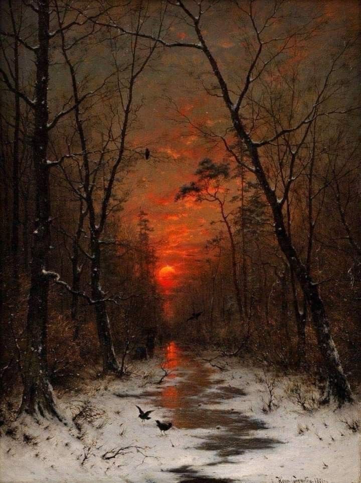 Painting of deep red snowy sunset over a dark wood