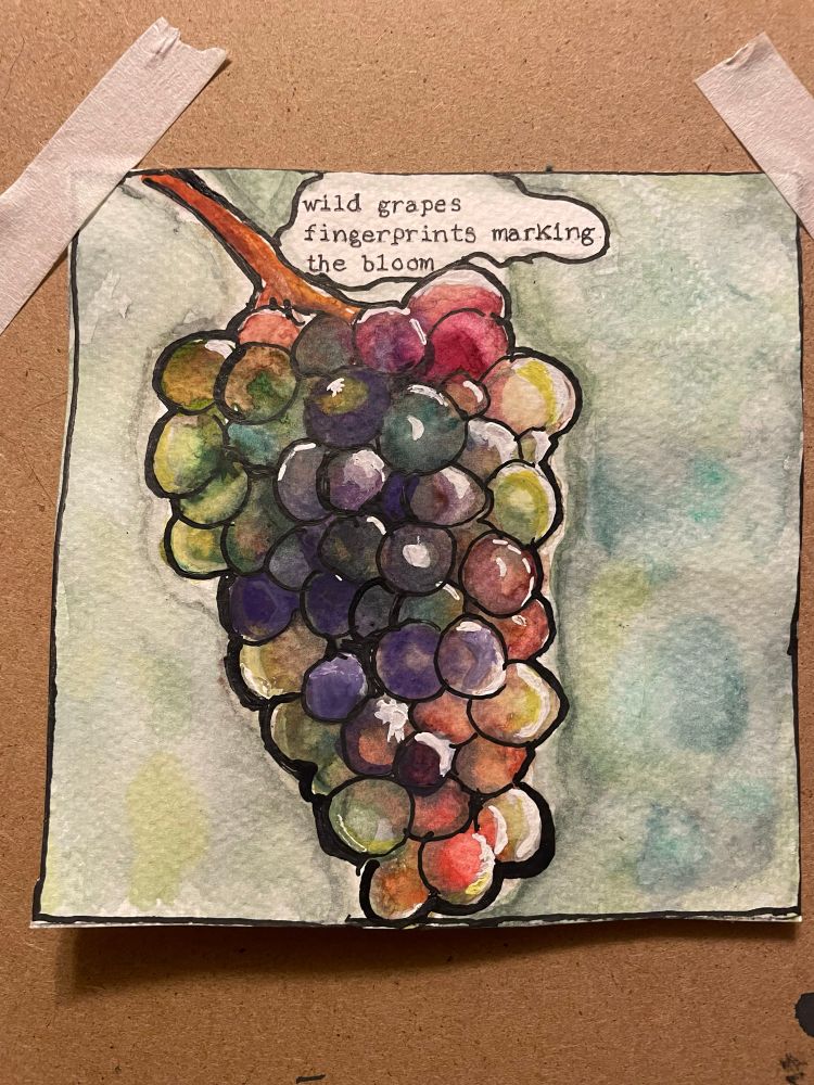 watercolor painting of multicolored grapes with the poem written above it