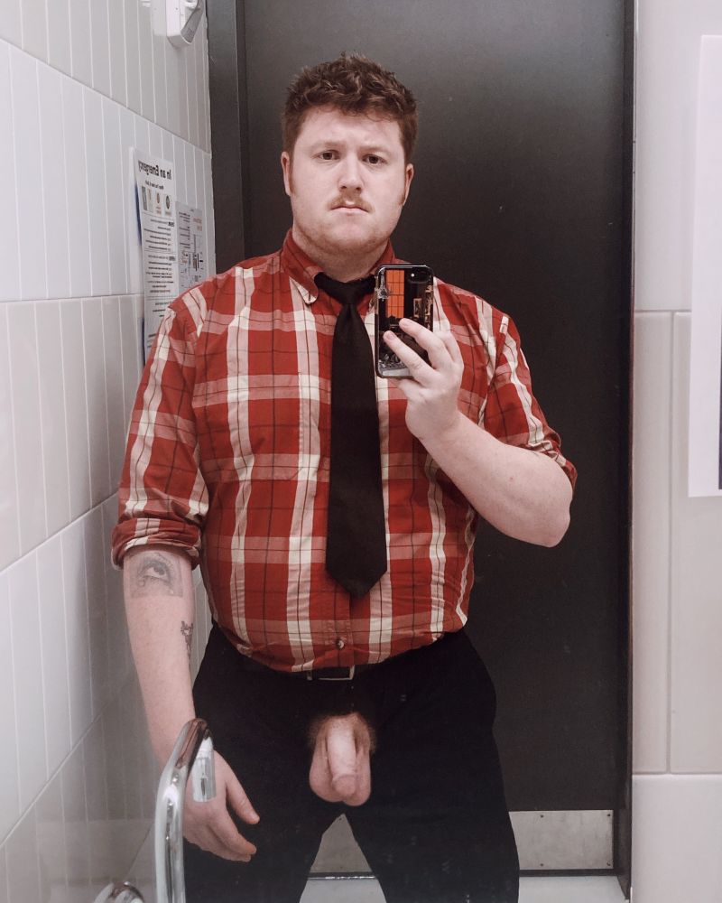 Mirror selfie of Melon, with his dick and balls pulled through his open fly