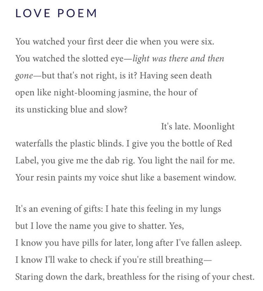LOVE POEM
You watched your first deer die when you were six.
You watched the slotted eye-light was there and then gone-but that's not right, is it? Having seen death open like night-blooming jasmine, the hour of its unsticking blue and slow?
It's late. Moonlight
waterfalls the plastic blinds. I give you the bottle of Red Label, you give me the dab rig. You light the nail for me.
Your resin paints my voice shut like a basement window.
It's an evening of gifts: I hate this feeling in my lungs but I love the name you give to shatter. Yes,
I know you have pills for later, long after I've fallen asleep.
I know I'll wake to check if you're still breathing—
Staring down the dark, breathless for the rising of your chest.