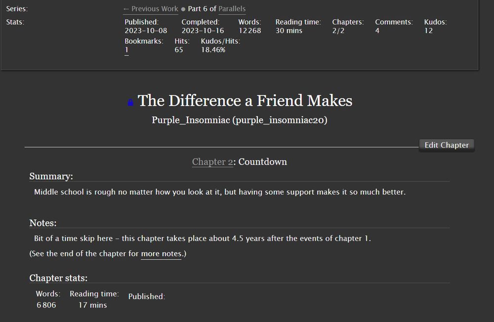 Screenshot of the summary for Chapter 2 of "The Difference a Friend Makes." It reads: Chapter 2: Countdown. Summary: Middle school is rough no matter how you look at it, but having some support makes it so much better. Notes: Bit of a time skip here - this chapter takes place about 4.5 years after the events of chapter 1.