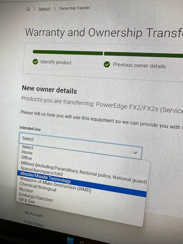 An ownership transfer page for a dell blade server listing options for new owner intended use including Military, Missile/Missile Technology, and Weapons of Mass Destruction