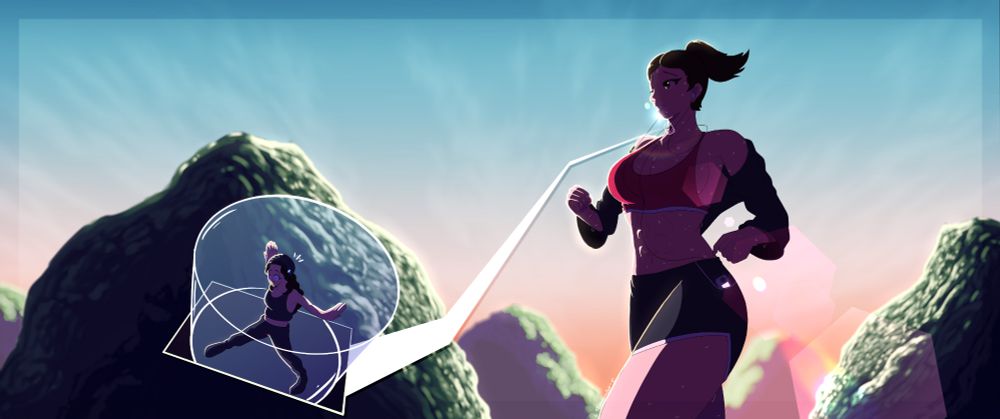 A woman jogs in the middle of a pathway full of trees at dawn or the golden hour while listening to her earphones and sweating profusely, inside her miniature jar on a necklace is a small transgender woman who is worried.