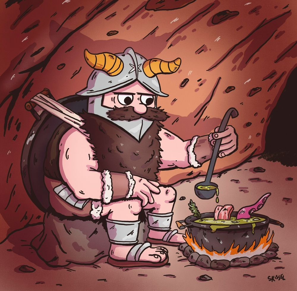Senshi from Delicious in Dungeon roasting various ingredients in a stew while hanging out in a cave.