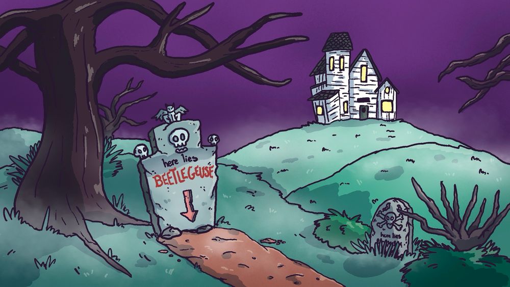 Beetlejuice graveyard with fog and tombstones with Deetz house in background.