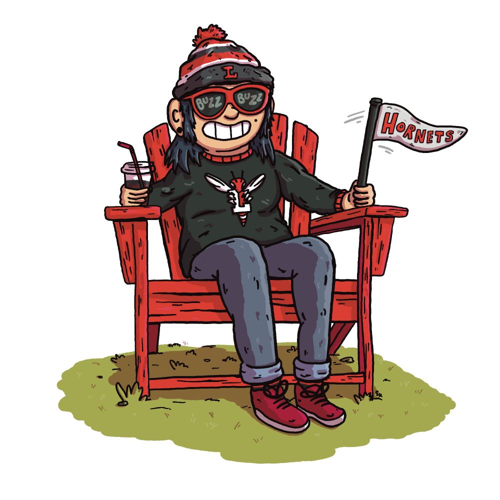 University of Lynchburg - Student sitting in red chair with Hornets swag and sipping coffee.