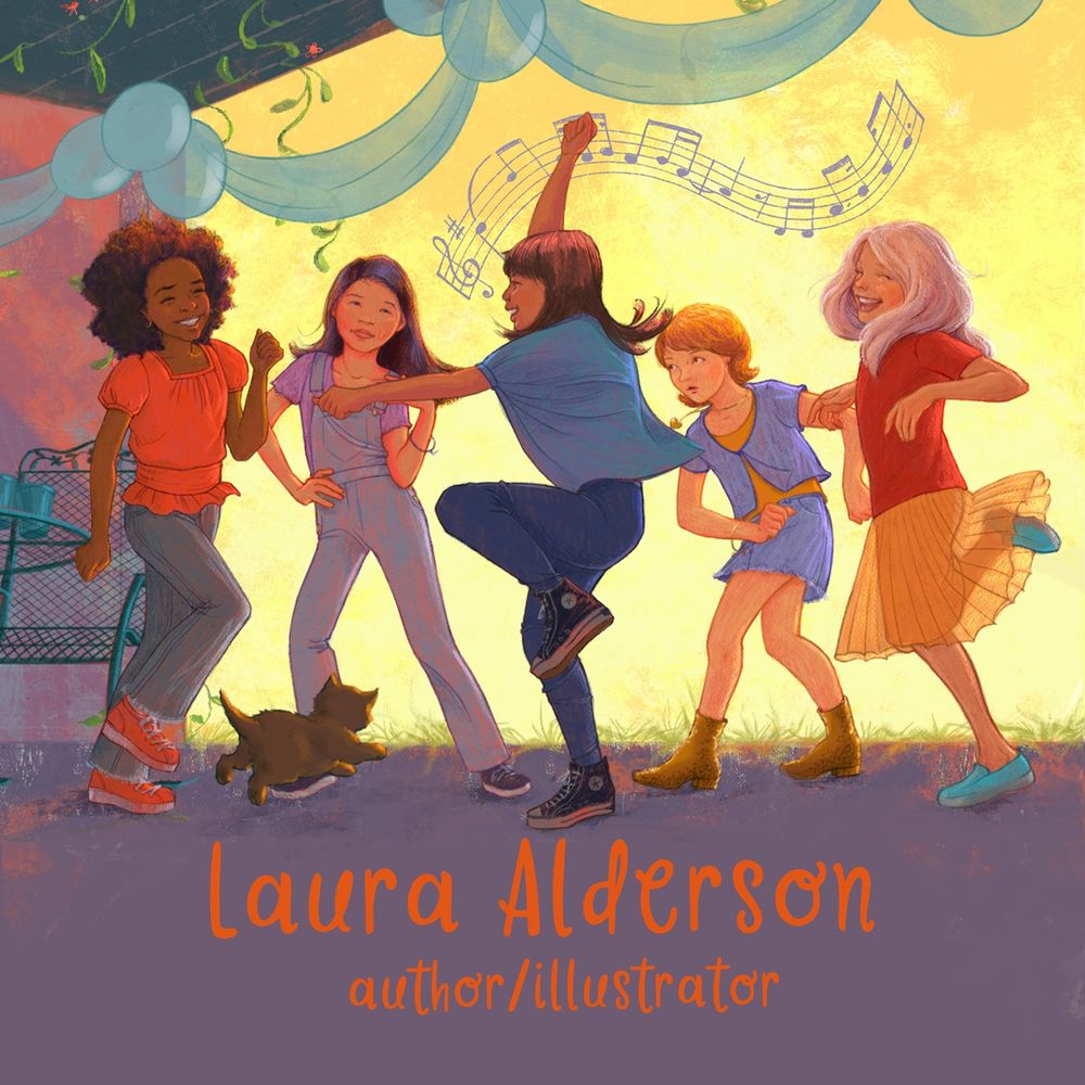 Diverse group of middle grade girls dancing at a party, for #kidlitartpostcard and #worldbookday. Art by author/illustrator Laura Alderson, done on Photoshop. 