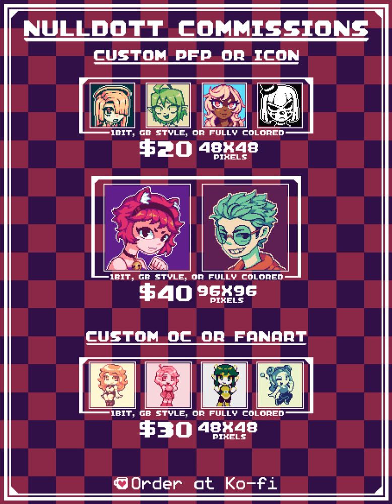 A commission sheet showing pixelart portraits and sprites, ranging from 48x48 to 96x96 in size, and $20 to $40 in price