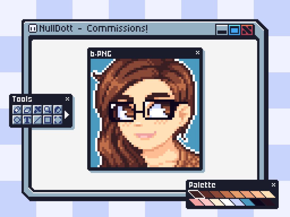 A pixelart window with smaller pixel windows over it, one having the portrait of a young girl with brown hair and glasses, and the other two with tools and a color palette