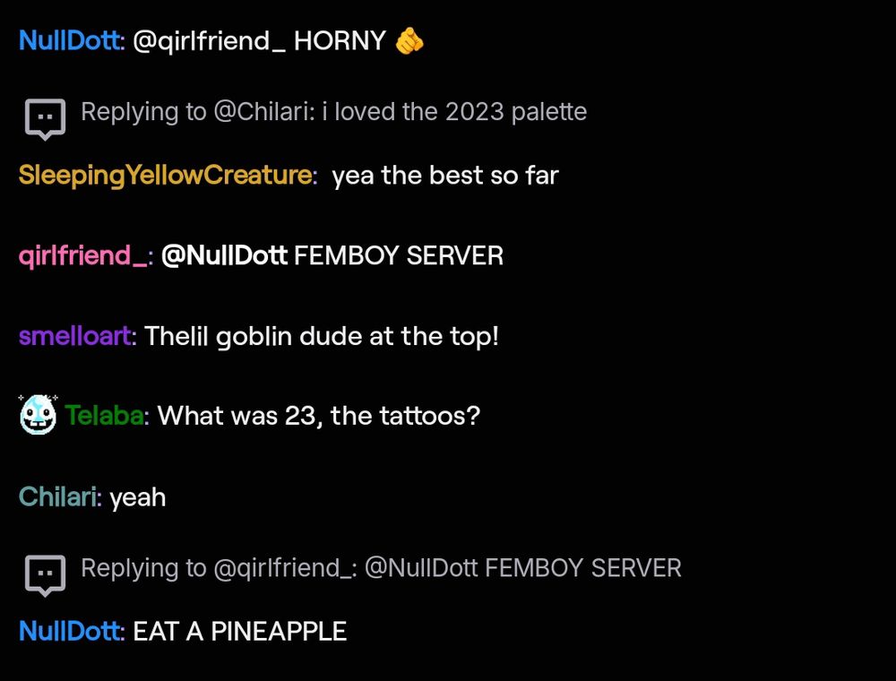 A twitch chat screenshot showing Qirlfriend and NullDott have an argument (NullDott is winning)