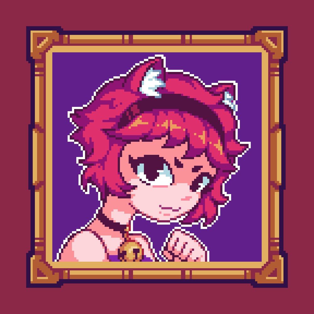 A redhead catgirl wearing a bell and a headband looking with a playful glare