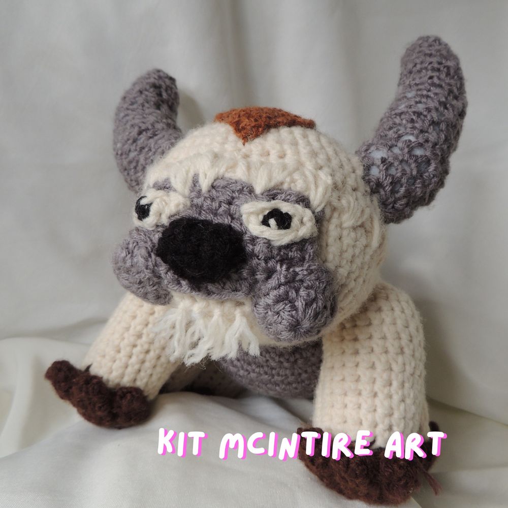 A crochet plush inspired by Appa from Avatar: The Last Airbender