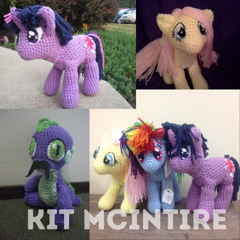 Assorted images of crochet pony characters from My Little Pony: Friendship is Magic. Characters include Twilight Sparkle, Fluttershy, Rainbow Dash, and Spike.