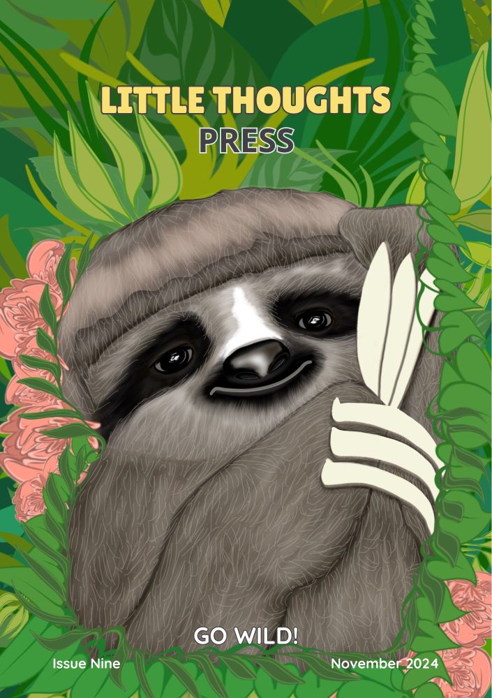 Cover of Little Thoughts Press Issue 9: Go Wild! featuring an illustration of a sloth against a green jungle background with spots of pink flowers. 