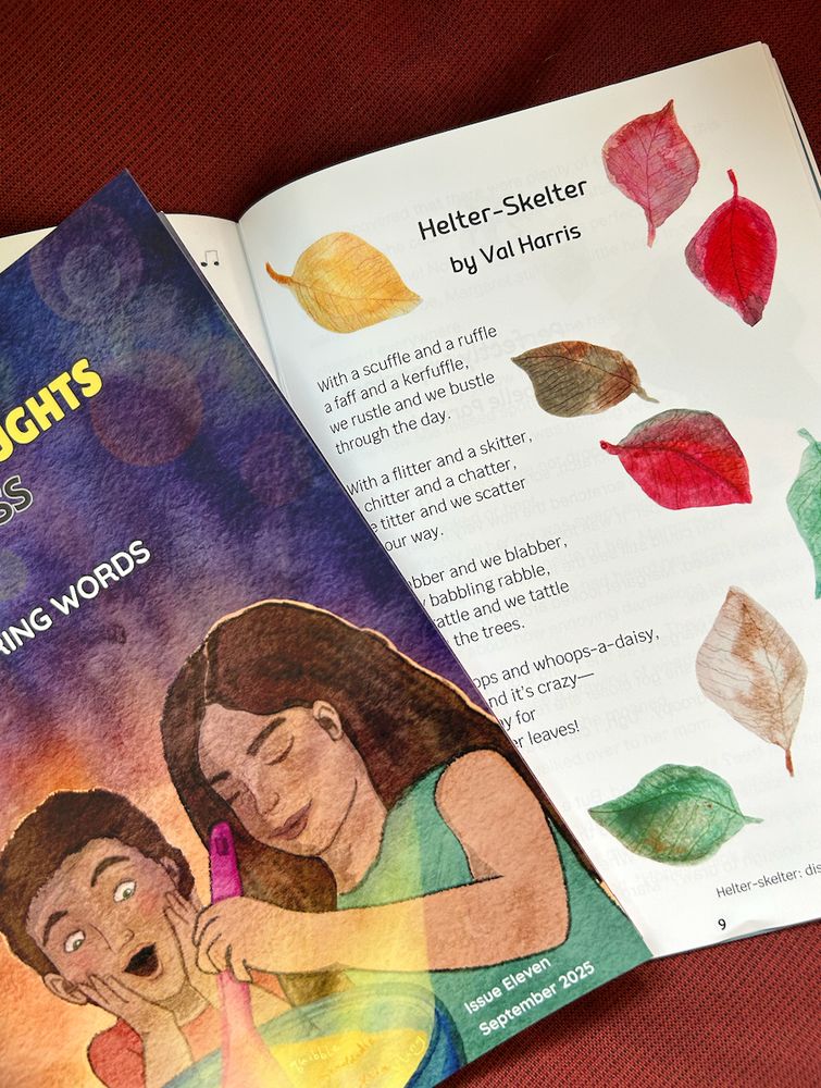A page from Little Thoughts Press Issue 11: Stirring Words featuring the poem Helter-Skelter by Val Harris. The poem is accompanied by an illustration from Imogen Hartland of colorful leaves scattered across the page. 