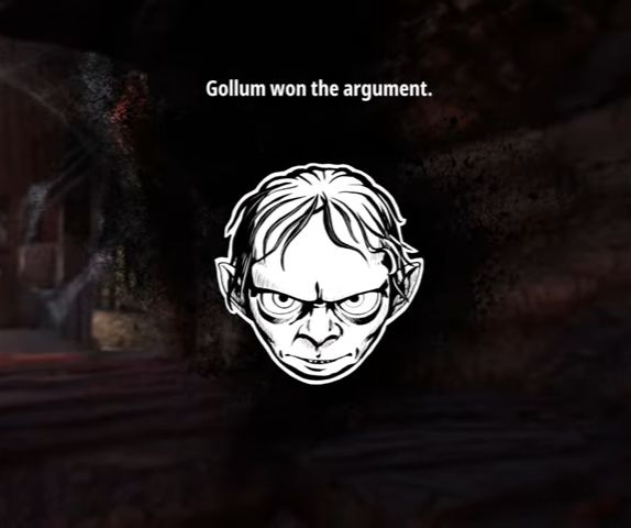 a screenshot from the game Lord of the Rings: Gollum, depicting a graphic of Gollum's face and the text "Gollum won the argument."