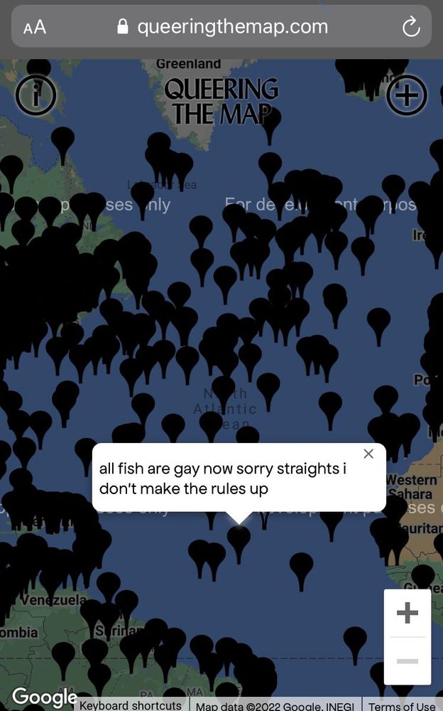 Screenshot of a website called “queeringthemap.com” and a Google maps rendering of a map, mostly of water, with some land points on the left and right of the picture. Across the map are black location dots, which is part of the websites point. In the middle of the ocean on this map is a text bubble over one location dot that says “all fish are gay now sorry straights I don’t make the rules up.”
