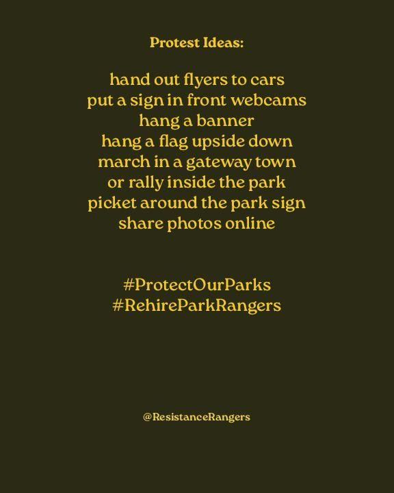 Yellow text on olive background read “Protest ideas: hand out flyers to cars, put up a sign in front of webcams, hang a banner, hand a flag upside down, march in a gateway town, or rally inside the park. Picket around the park sign, share photos online - #ProtectOurParks #RehireParkRangers - @ResistanceRangers”