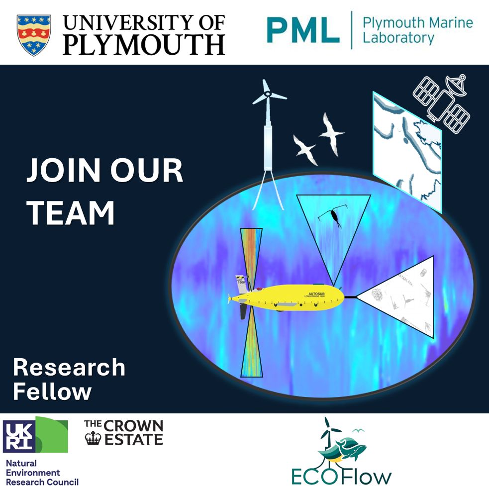 Advert for Research Fellow post including remote and AUV-based sensing of ocean dynamics to understand impacts of floating offshore wind on fronts and other key ecosystem drivers. It shows an AUV and underwater plankton imaging and other sensors.  