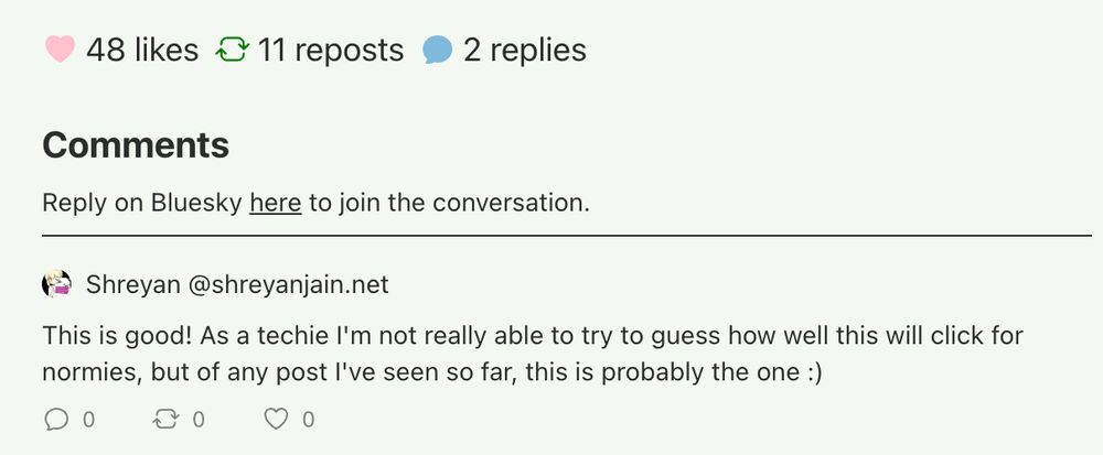 Screenshot of blog's comment section, powered by posts on Bluesky