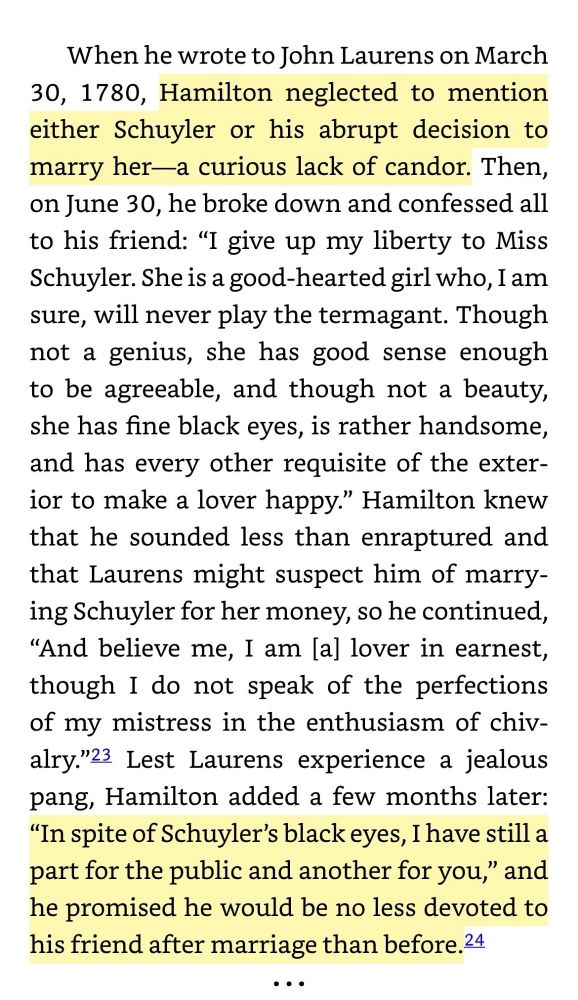 excerpt from ron chernow's biography on alexander hamilton. this paragraph describes hamilton's letter to john laurens where he describes eliza schuyler