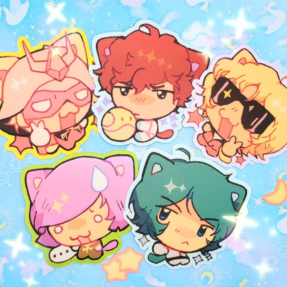 stickers of uc gundam characters with cat ears and tails (characters are: amuro + haro , char , quattro , garma , kamille) on a starry blue sparkly background