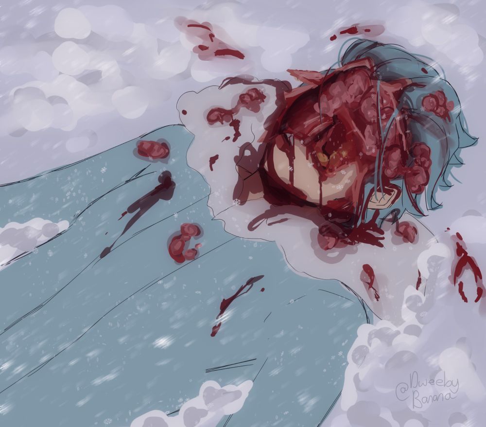 Cal from the minecraft series, Origins of Olympus. He is laying in snow, his face is destroyed, bloody and meaty.