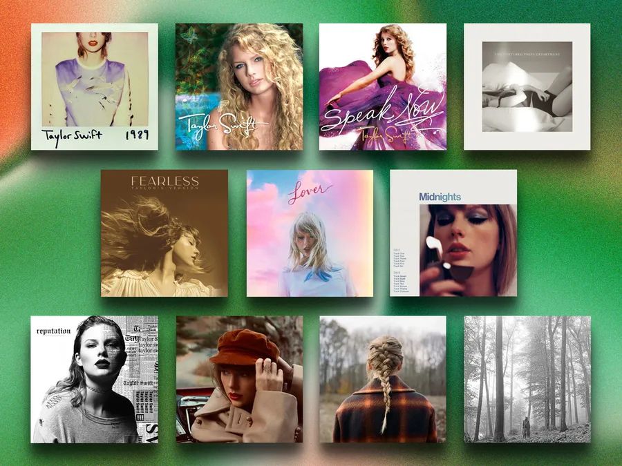Green background with all 11 of Taylor Swift’s album cover’s shown in three rows without any sort of order

Top Row: 1989, Debut, Speak Now, and The Tortured Poet Department

Middle Row: Fearless, Lover, and Midnights

Bottom Row: Reputation, Red, evermore, and folklore