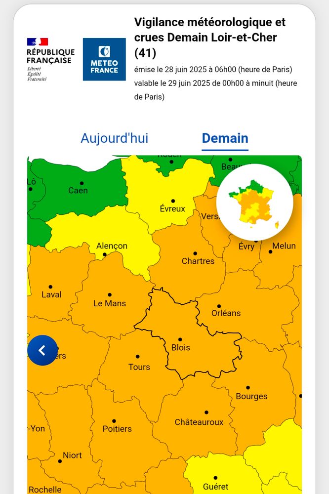 Capture site météo France, vigilance canicule ce dimanche. Le Loir et Cher est en orange 