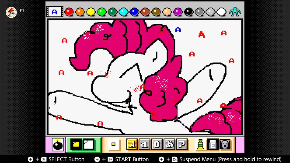 A drawing of pinkie pie in Mario paint in a very chaotic style, a bunch of letter "A"s floating around as he hops into frame with a lil smile on her face