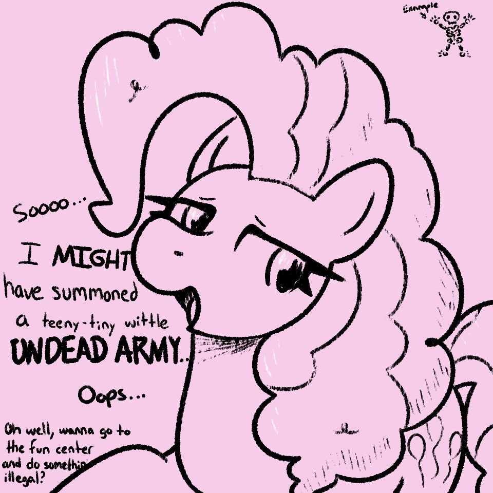 Pinkie pie embarrassingly admits to summoning an undead army the suggests going to do something illegal at the fun center, implying undead horde unleashing is perfectly legal. The drawing is half body with her looking down and away looking rather abashed that she even needs to admit to this.