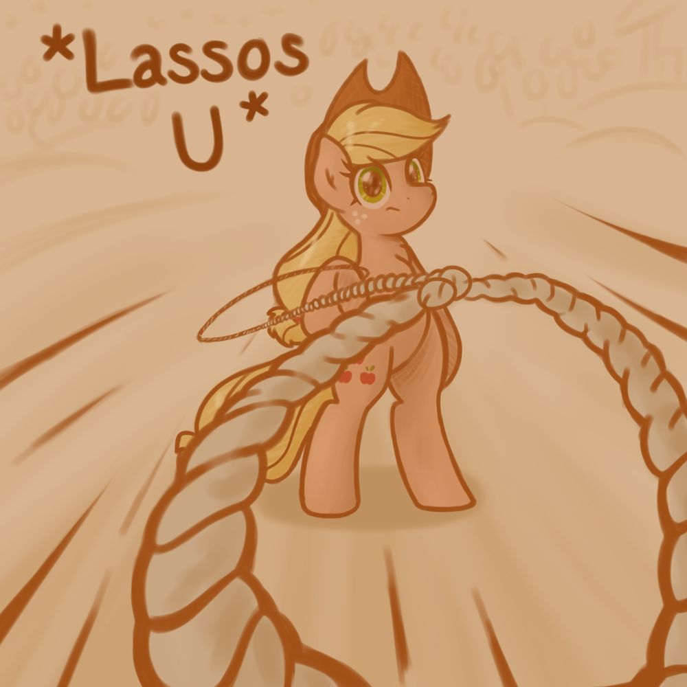 Applejack standing on her hind legs throws a lasso hope at the viewer 
