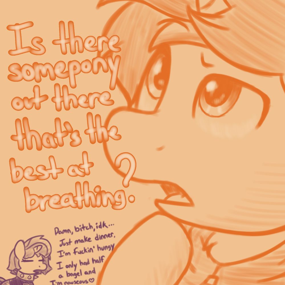 My sona ponders a random thing while my wife's sona lovingly berates me in the background with a "I'm so done with this" look