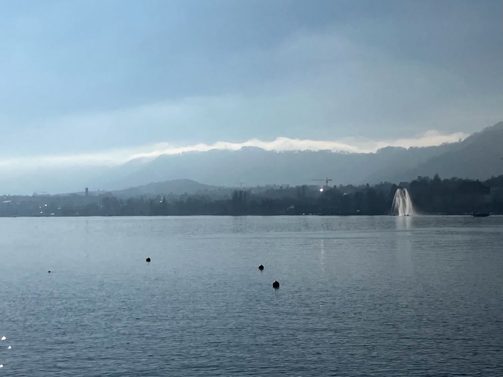 Im Vordergrund See mit ein paar Enten. Im Hintergrund das andere Seeufer mit Bergkette und weissem Nebelstreifen über der Bergkette. Am anderen Seeufer ein Springbrunnen.