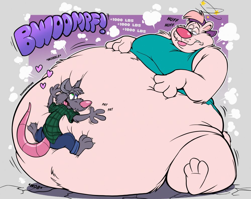 A huge fat pink bear growing fatter, and a smaller rat in green plaid hugging his big bear belly.
