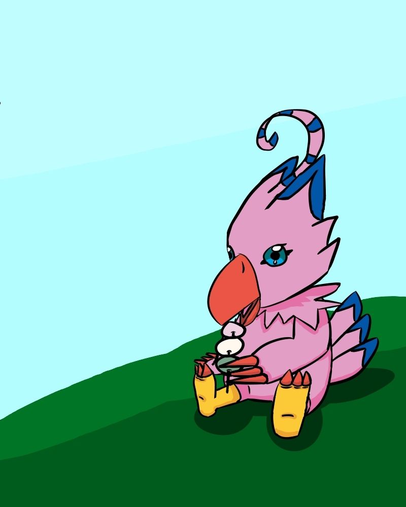 Piyomon sitting and eating Dango