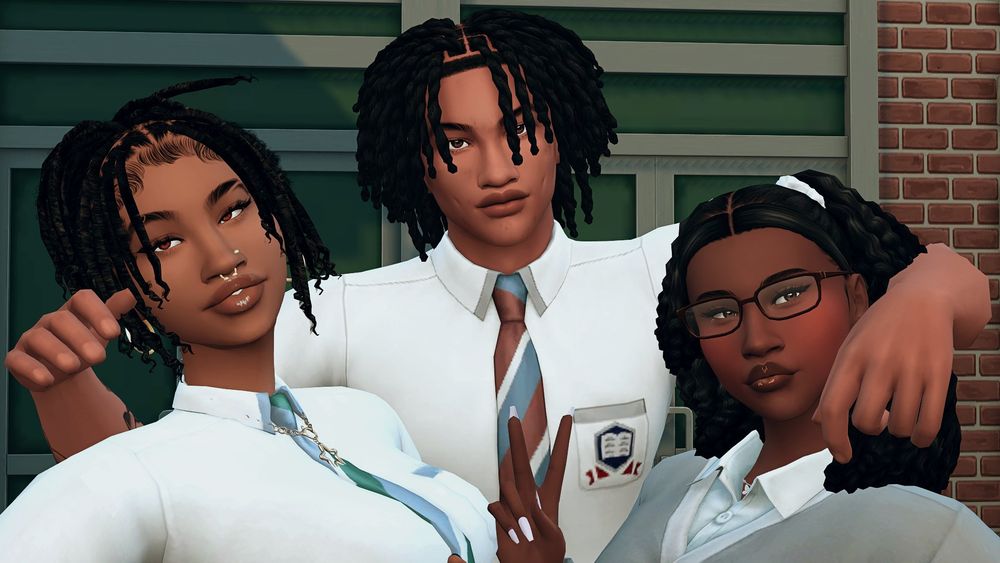 Three teen "The Sims 4" sims looking into the camera. All of them are in school uniforms. The first one has brown skin, brown eyes, a nose ring, and light makeup, just mascare and lipgloss. She has earrings and a nose ring, both gold. She is taller than the last girl, but shorter than the boy. She also has a nose piercing. Her hair is locced and put into a ponytail. The second sim, a boy, has brown skin slightly lighter than the girl to the left of him. He has dark brown eyes. His hair is also in locs but are let down. He has his arms around the other two sims. He is the tallest. The last sim has dark brown skin and dark brown eyes. She also has light makeup, but with added light blush. Her hair is in curls with two ponytails and the rest of her hair out. She is the shortest. They all have black hair. 
