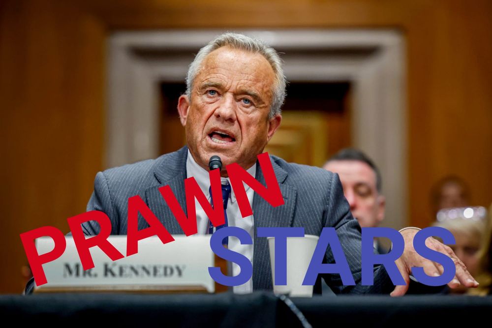 An image of food safety annihilator RFK Jr with the words "PRAWN STARS" crudely slammed over it like a television title card.